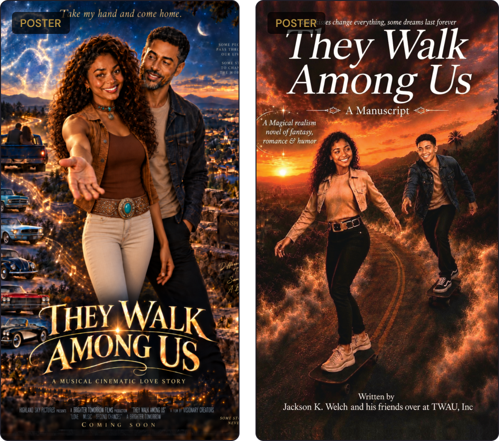 Two posters with a man and a woman standing and on the left side