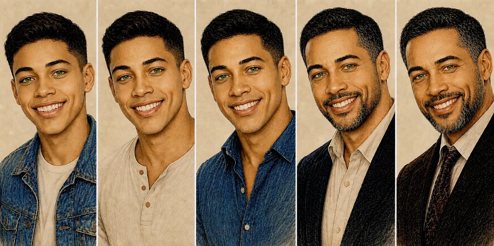Collage of six men with different facial expressions